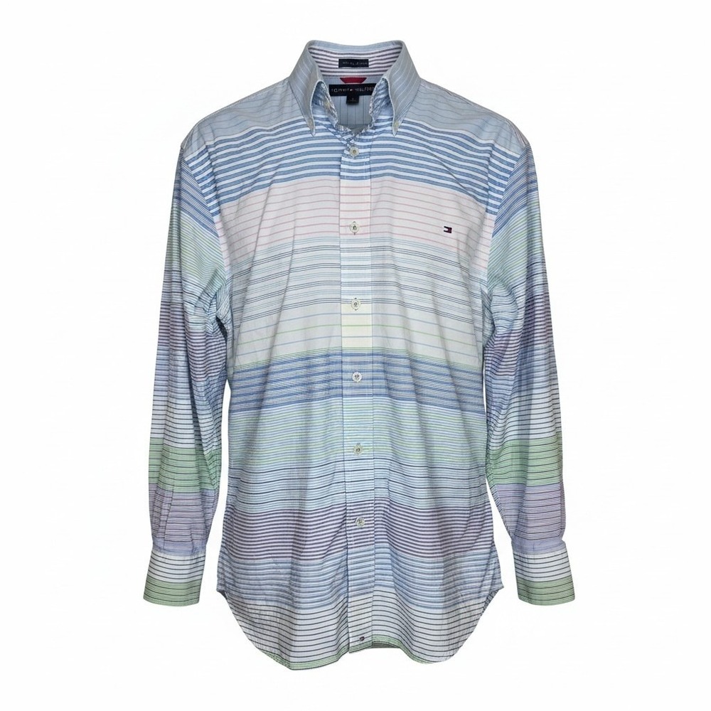 Tommy Hilfiger Mens Multi Color Stripe Button Down Shirt 80s 2 Ply Fabric Size M